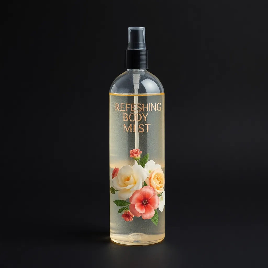 Refreshing body mist bottle with transparent design and floral label on a dark background
