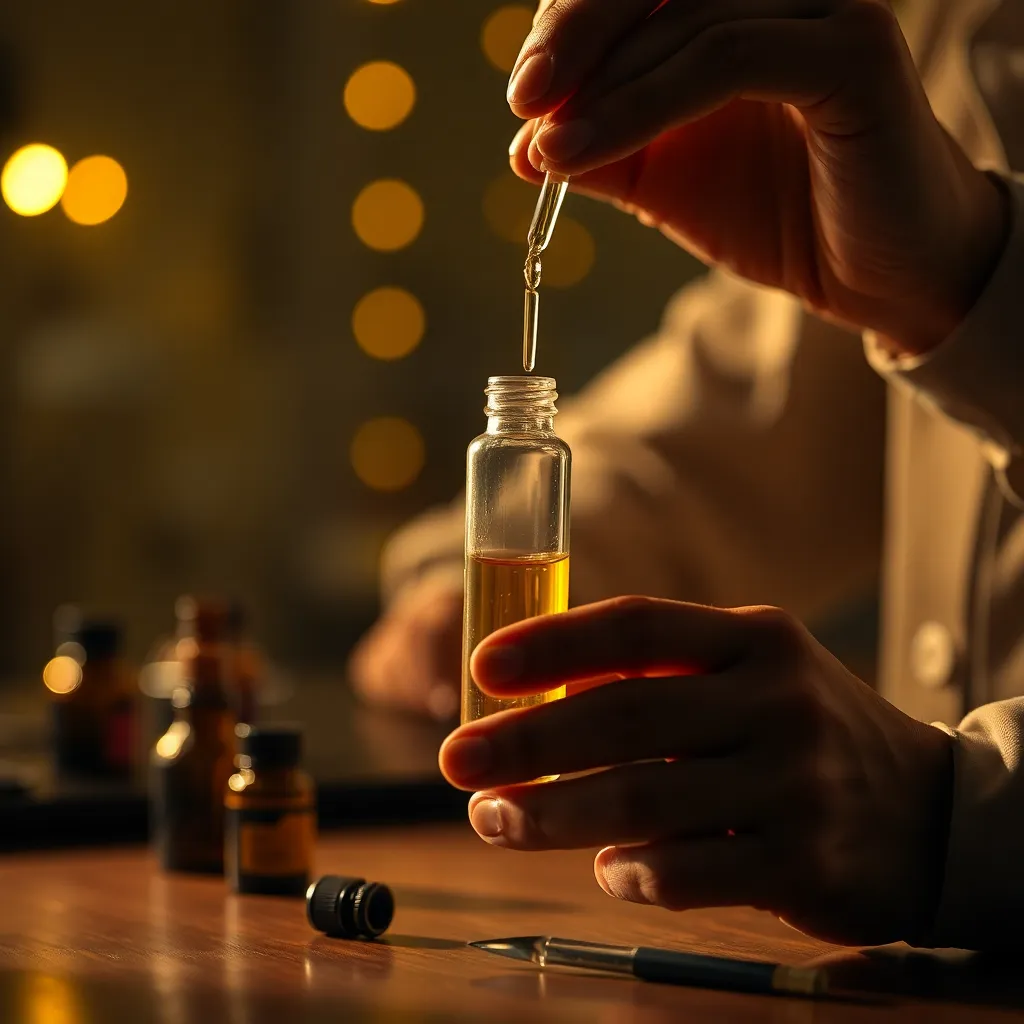 Perfumer blending essential oils in a glass vial with yellow ambient lighting