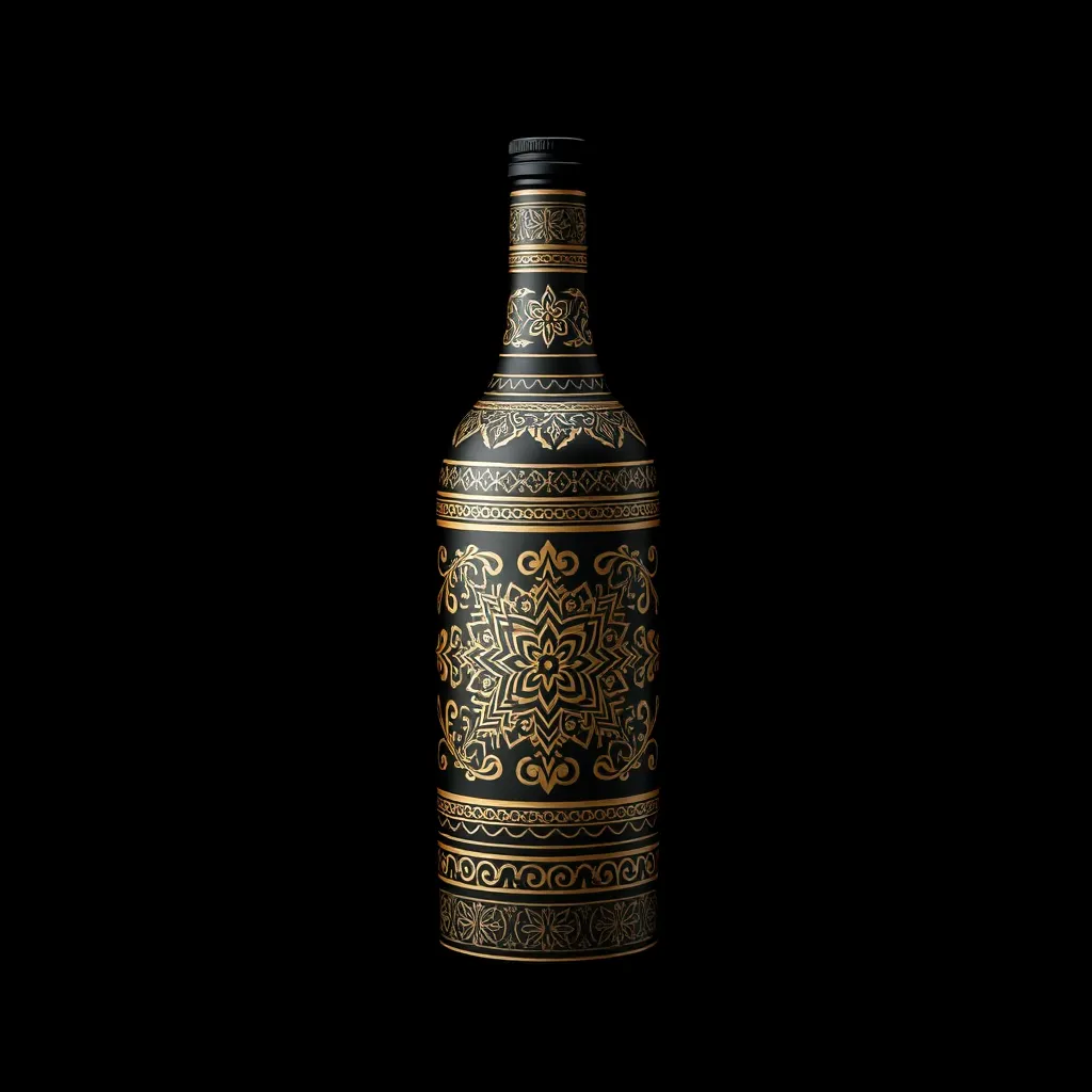 Itar bottle with traditional design and intricate patterns on a dark background