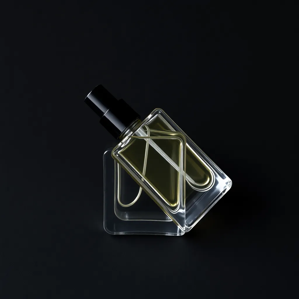 Pocket perfume spray bottle with compact design and black cap on a dark background