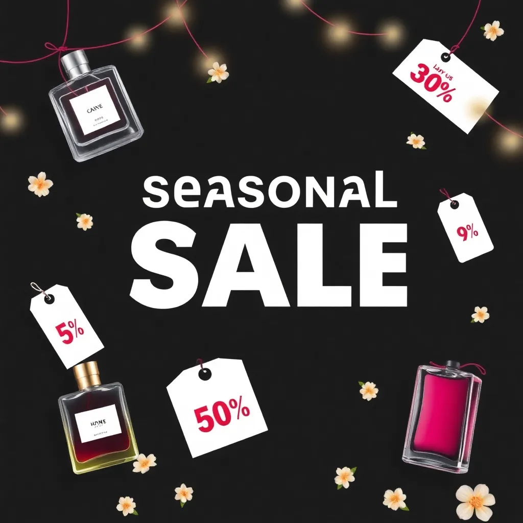Seasonal sale banner with perfume bottles and discount tags on a black background